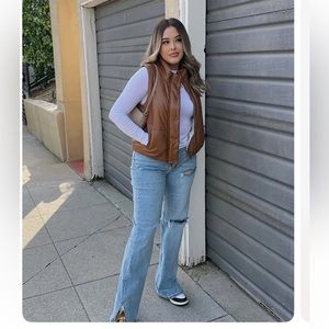 Faux Leather puffer vest w/padded button up Sherpa lining toggle cinch sides